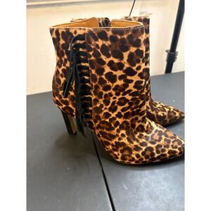 Vince Camuto Womens Leopard Calf Hair Fringe Ankle Boots Pointed Toe Stiletto 9M